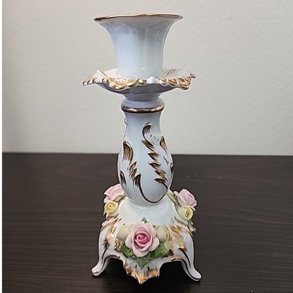 Vintage AK Kaiser W Germany Porcelain Candlestick Holder 3D Roses Gold Gilt 366